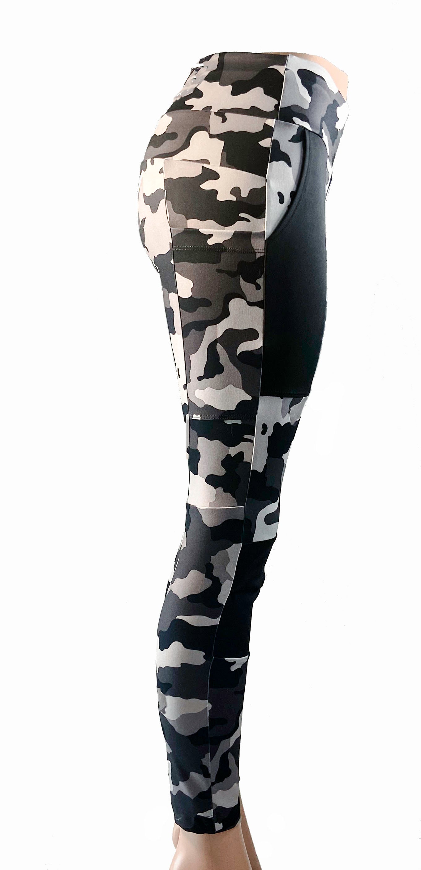 Bike cycling pants in black and white camo, featuring stretch fabric and large pockets for essentials.
